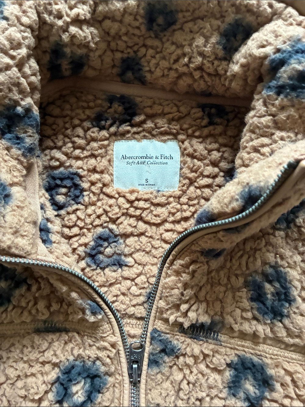 Abercrombie & Fitch Tan Sherpa Jacket with Blue Floral Spots
